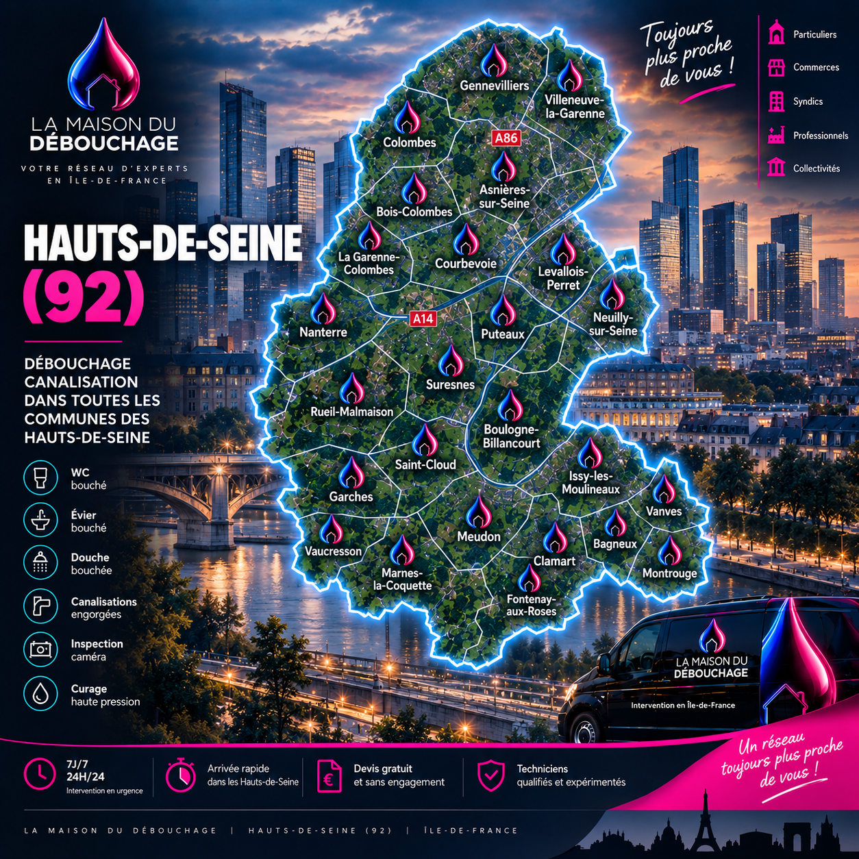 Débouchage canalisation Hauts-de-Seine (92) - zones d’intervention