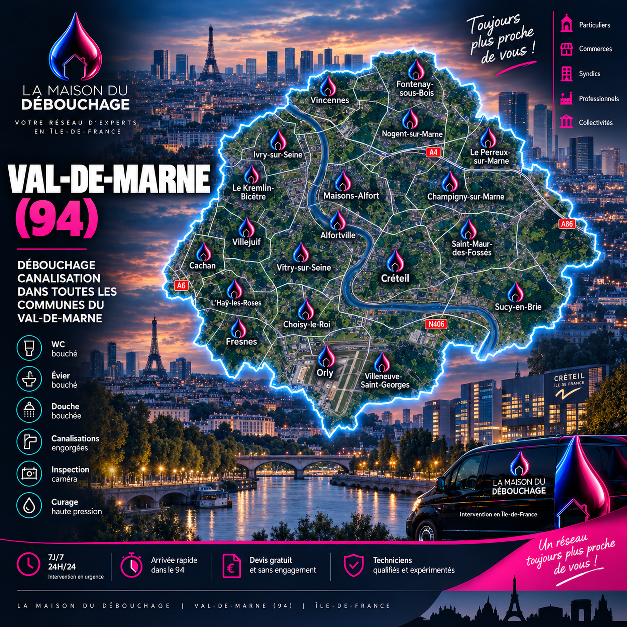 Débouchage canalisation Val-de-Marne (94) - zones d’intervention